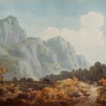 brown and grey trees and rock formation painting