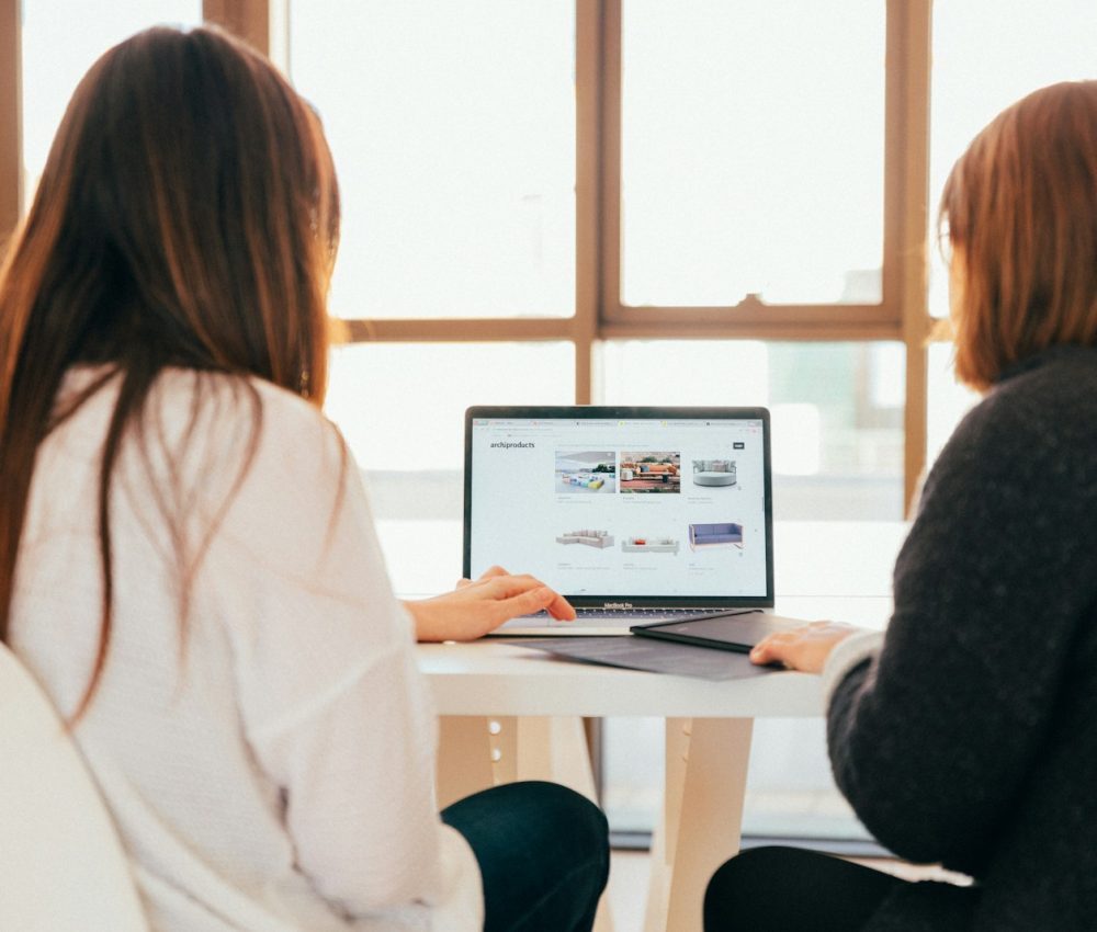 two women talking while looking at laptop computer